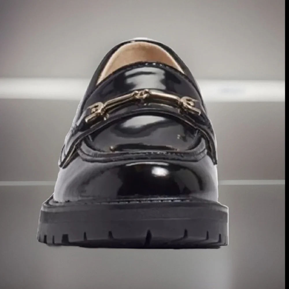 Sam Edelman LEATHER KID TULLY LUG SOLE LOAFER Black Box W/Gold Chain Decorative